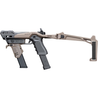 Futuristic beige and gray sci-fi blaster rifle with a foldable stock and two magazines.