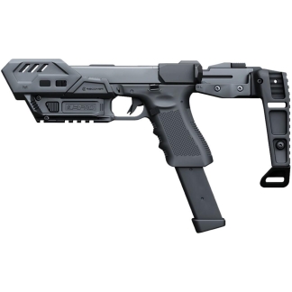 Gray futuristic toy blaster with a detachable stock and ribbed grip, resembling a sci-fi firearm