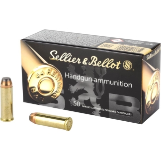 Box of Sellier & Bellot handgun ammunition with 50 cartridges, two brass bullets placed beside it on a white background