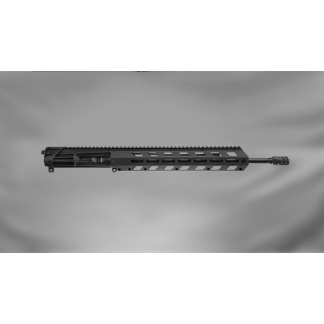 AR-style rifle upper receiver with a long ventilated handguard and muzzle device against a gray background.