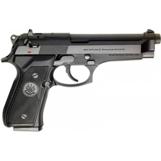 Side view of a Beretta 92FS semi-automatic pistol with black grip and silver slide on a white background.