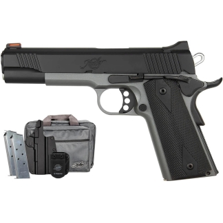 Airsoft pistol kit: black/gray semi-automatic handgun with textured grip, two magazines, and a gray carrying bag with a handle.