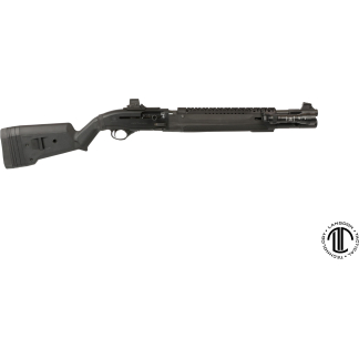 Black pump-action tactical shotgun shown side-on on a white background, with a long rail and visible logo watermark in the bottom-right corner.
