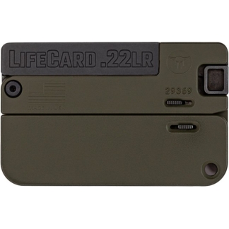 Compact olive drab LifeCard .22LR folding pistol, shown closed with card-like profile