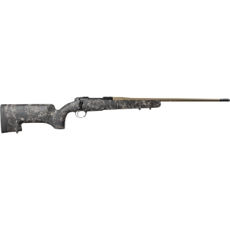Bolt-action rifle with a black cracked-camo stock and tan barrel, shown in profile from left side to right end of barrel optioned for hunting or sport shooting