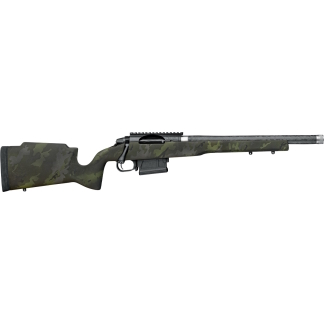 Side view of a camouflaged bolt-action rifle with a detachable magazine and long barrel