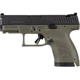 Side profile of a compact semi-automatic pistol with an olive-green grip and black slide