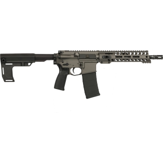 AR-15 style rifle with collapsible stock, long quad-rail handguard, and detachable magazine in profile.