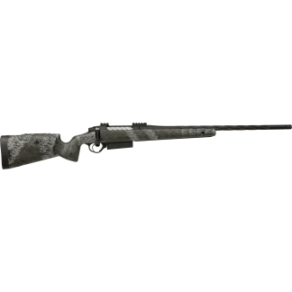Long rifle with a gray camouflage finish, lying horizontally from left stock to right muzzle, featuring a spiral-pattern barrel and attached magazine