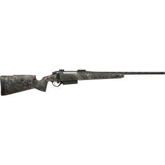 Long, camouflage-pattern sniper rifle with scope, shown in profile from left side on white background.