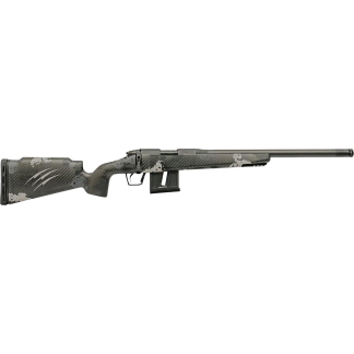 Camouflage-patterned rifle shown in profile with a long barrel and detachable magazine