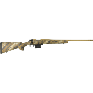 Bolt-action sniper rifle in desert camouflage with a long tan barrel and detachable magazine