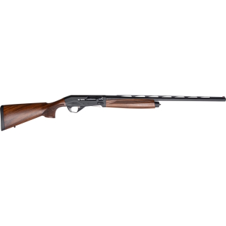 Side view of a long-barreled hunting shotgun with a polished wooden stock and metal receiver.