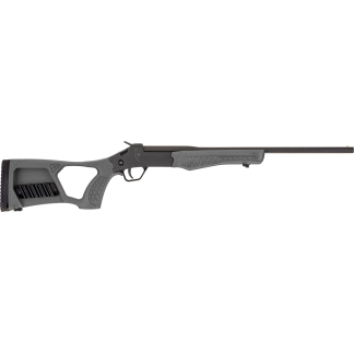 Side view of a gray, modern hunting rifle with a long barrel and ergonomic stock.