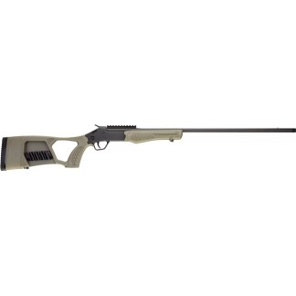 Bolt-action rifle with a tan stock and long black barrel shown in side profile.