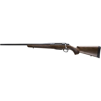 Bolt-action rifle with a long wooden stock and metal barrel, aligned to the left.