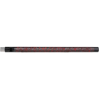 Decorative black pen with a silver tip and red marbled pattern along its length, lying horizontally.