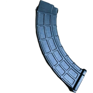 Curved blue firearm magazine with ribbed panels and dark ends against a white background, viewed edge-on.