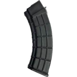Black curved rifle magazine with ribbed sides, angled against a white background