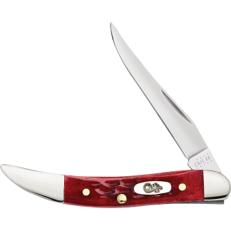 Partially opened pocket knife with a red handle and shiny steel blade