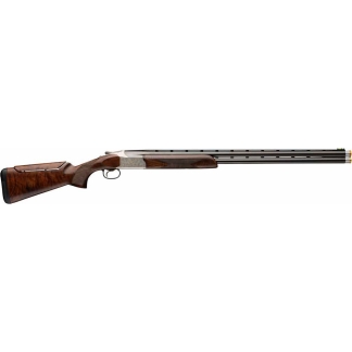 Side view of a double-barrel shotgun with a polished wooden stock and long twin barrels.