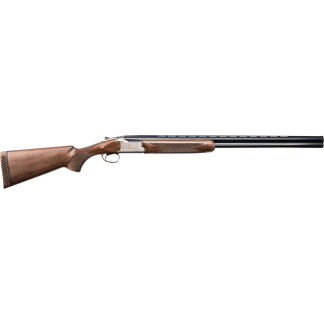 Side view of a double-barrel shotgun with wooden stock and fore-end, against a white background, ready for hunting/game use