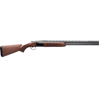 Side view of a double-barrel shotgun with a walnut stock and fore-end, featuring twin barrels and a polished metal receiver on white background.