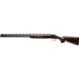 Over-under double-barrel shotgun with a polished walnut stock, side view.