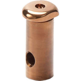 Copper-colored cylindrical metal pin with a rounded domed cap and two holes (top and side)