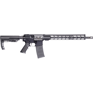 Black AR-style semi-automatic rifle with collapsible stock, pistol grip, and a long rail handguard featuring a detachable magazine
