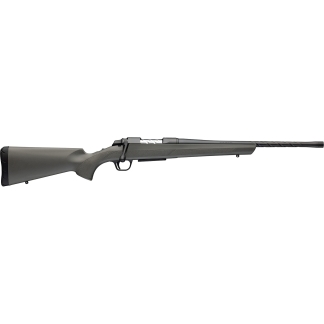 Bolt-action rifle with gray synthetic stock, exposed bolt, and long rifled barrel shown in side profile.