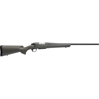 Bolt-action rifle with a gray stock and long barrel seen from the left side, ready for use in hunting or sport shooting.