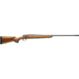Bolt-action rifle with a polished wood stock and long metal barrel.