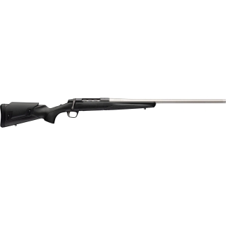 Bolt-action rifle with a black synthetic stock and long stainless steel barrel (side view).