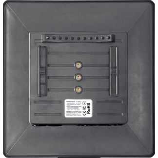 Back view of a flat-screen device showing a mounting bracket, adjustment arms, and a label with CE/RoHS markings on the center panel