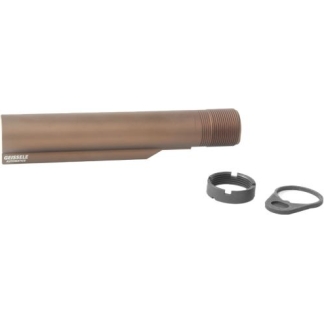 Geissele branded rifle muzzle device with threaded end and two mounting rings beside it