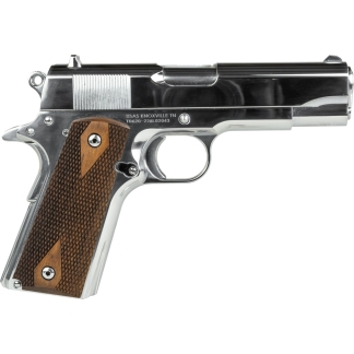 Side view of a chrome semi-automatic pistol with a brown checkered grip and exposed trigger guard