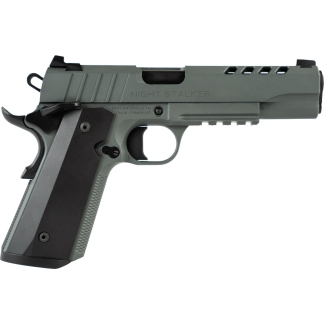 Semi-automatic pistol with a gray finish, labeled 'Night Stalker', shown from the left side with textured grip and trigger guard visible.
