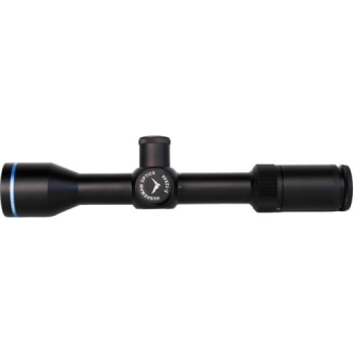 Black rifle scope with blue accent ring, central elevation turret, and rear eyepiece, laid horizontally against a white background.