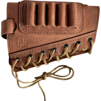 Brown leather ammo pouch with six cartridge loops and a front belt strap, tied with a beige cord.