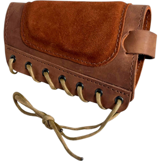 Brown leather tubular pouch with a braided drawstring and lace-up side, fastened by metal eyelets.