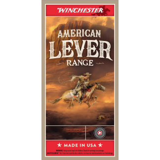 Winchester American Lever Range ammunition box with a desert scene, riders on horses, and a bold white 'LEVER' title under a red Winchester logo.