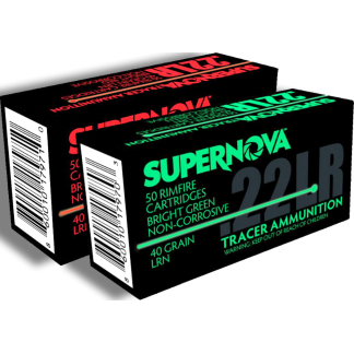 Two black boxes of SuperNova 22LR tracer ammunition, with green and red lettering and barcodes on the sides.
