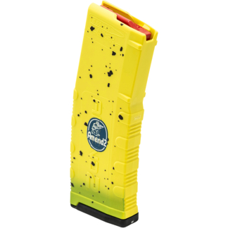 Yellow toy gun magazine with black speckles and a blue circular logo, shown upright. (Toy accessory)