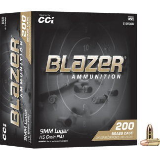 Box of Blazer Ammunition 200-round 9mm Luger FMJ centerfire cartridges (115 grain) with a single bullet pictured beside the box, brass-cased.