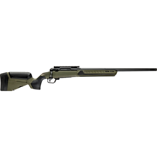 Olive and black bolt-action rifle with a long barrel and Picatinny rail on top.