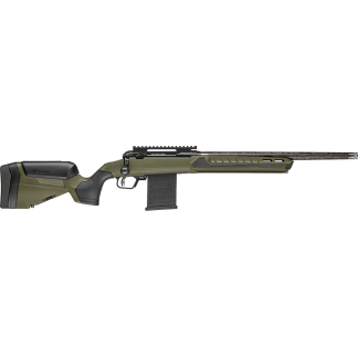 Olive-drab bolt-action rifle with a black stock, detachable magazine, and a Picatinny rail on top.