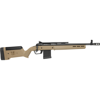 Desert-tan bolt-action rifle with a black Picatinny rail, detachable box magazine, and long threaded barrel.