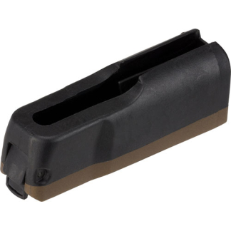 Black handgun magazine with a brown baseplate and a rectangular top slot used to hold ammunition