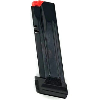 Black polymer handgun magazine with an orange follower, standing upright.